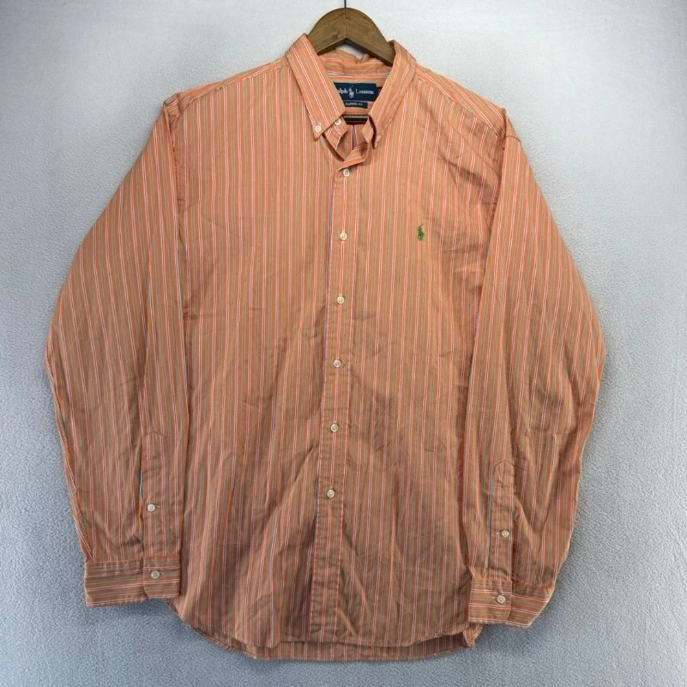 Vintage Ralph Lauren Button Down Shirt Mens XL Orange Green Striped Pony 90s